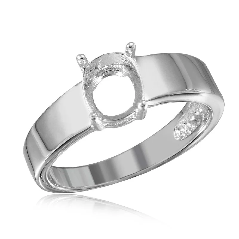 ladies ring adjustable size-Silver 925 Rhodium Plated High Polished Band Slanted Single Stone Mounting Ring - BGR01017