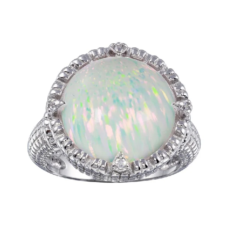 ladies ring braided band-Rhodium Plated 925 Sterling Silver Round Opal Stone Ring with CZ - BGR01285