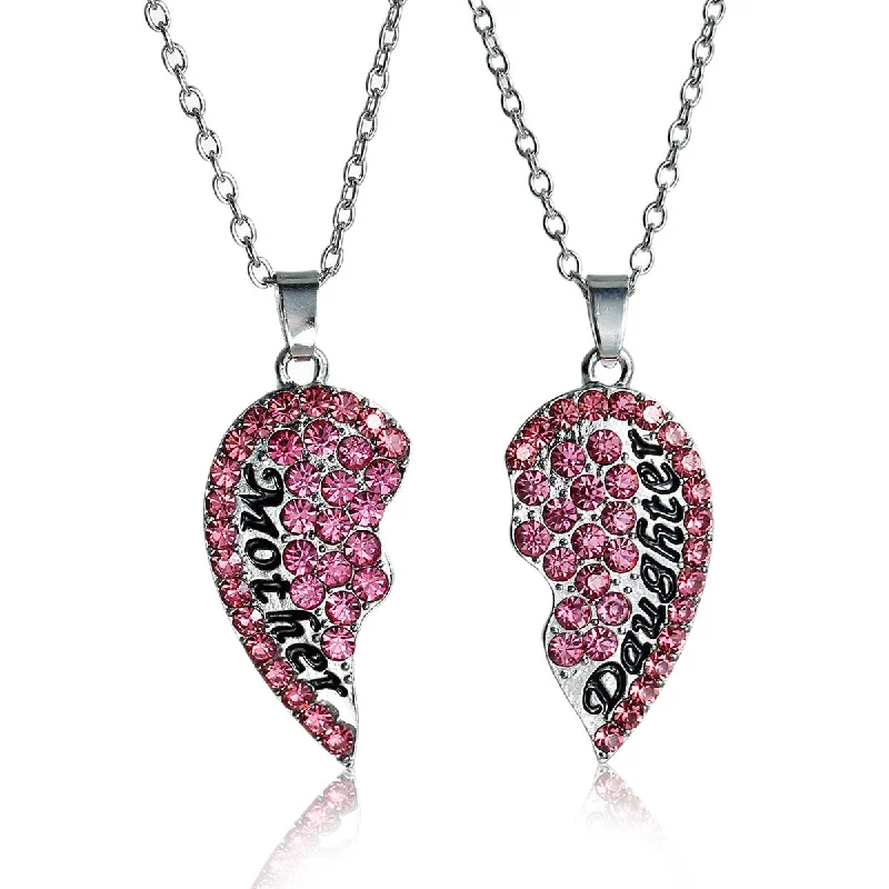 Ladies necklaces polished gemstone designs-Necklace Long Link Cable Chain Broken Heart Message " Mother & Daughter " Pendants Pink Rhinestone