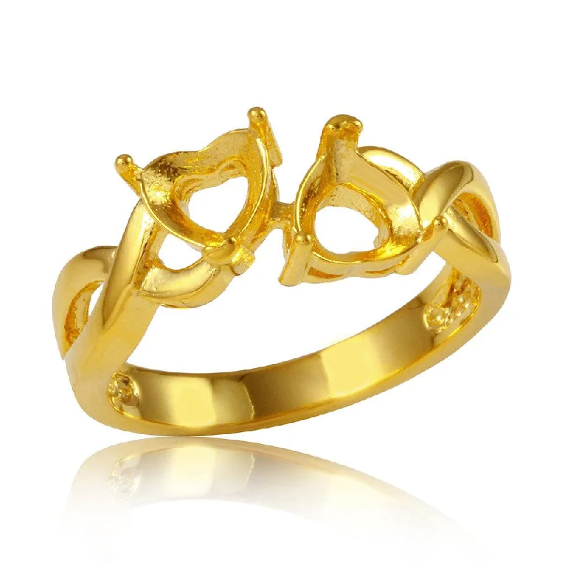 ladies ring premium-Silver 925 Gold Plated Double Heart  Mounting Twisted Shank Ring - BGR01219GP