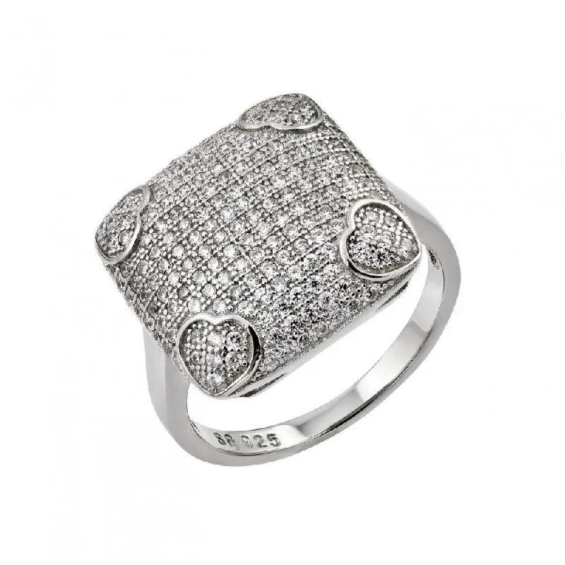 ladies ring upcycled-Silver 925 Rhodium Plated Clear Micro Pave CZ Heart Square Ring - STR00959