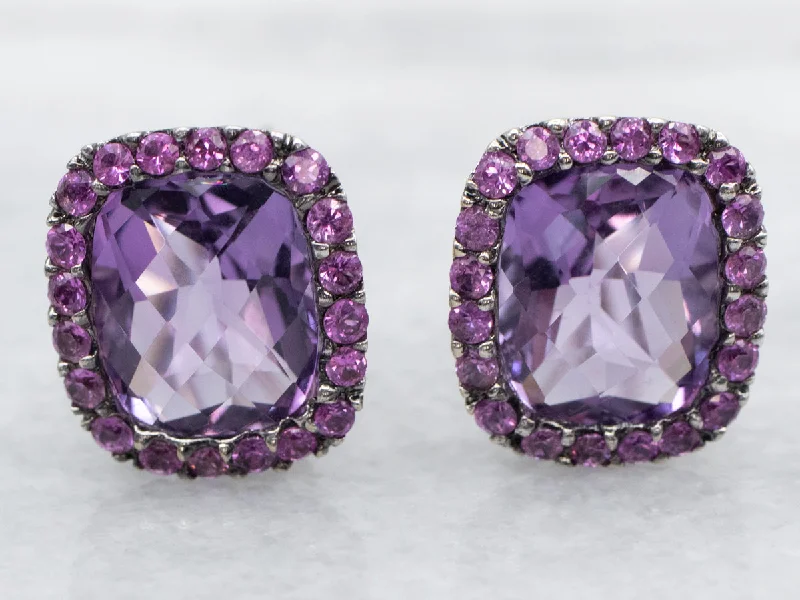 ladies earrings online-Amethyst Stud Earrings with Pink Sapphire Halo