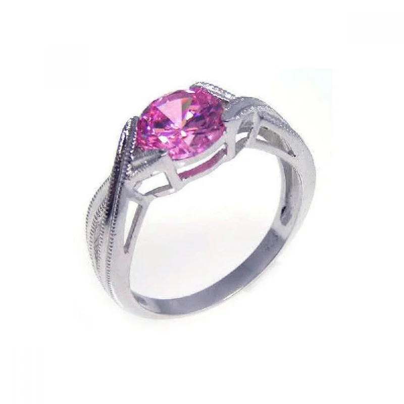 ladies ring heavy gold-Silver 925 Rhodium Plated Round Pink Center CZ Solitaire Ring - STR00533