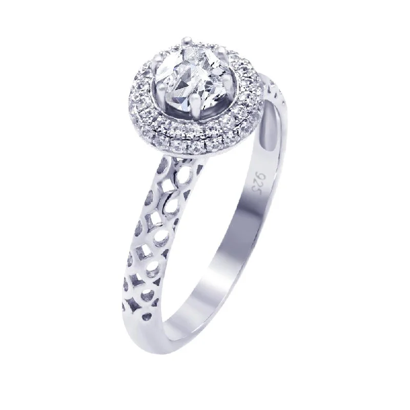 ladies ring eco-friendly-Silver 925 Rhodium Plated Micro Pave Clear Cluster Round Center CZ Perforated Ring - ACR00037