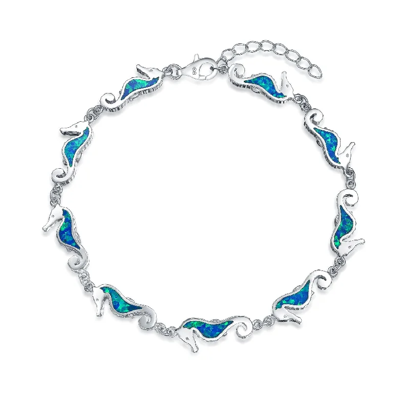 Ladies bracelets zodiac sign styles-Nautical Seahorse Opal Charm Strand Bracelet in Sterling Silver