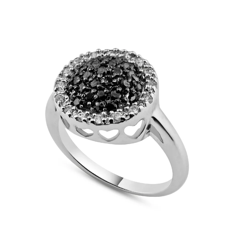 ladies ring statement piece-Silver 925 Rhodium and Black Rhodium Plated Clear and Black CZ Circle Ring - BGR00060