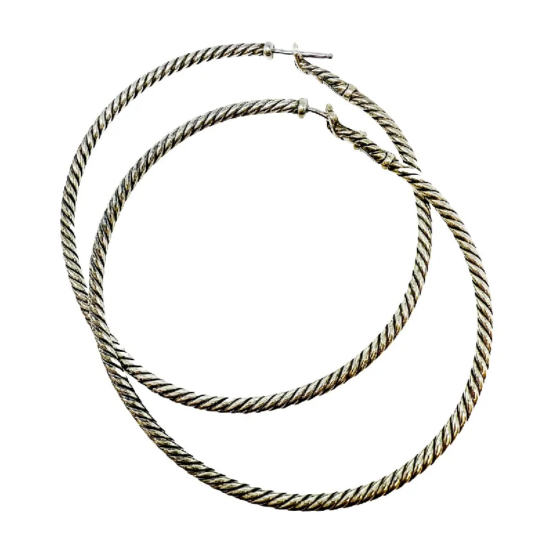 ladies earrings round silver-David Yurman Sterling Silver Cable Great Hoop Earrings