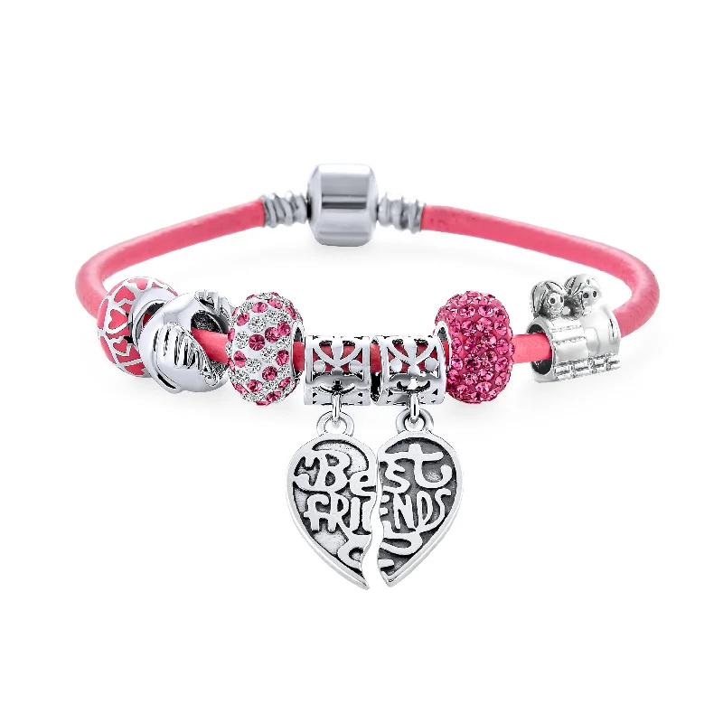 Ladies bracelets European-inspired flair-2 Piece Best Friend Heart Charm Bracelet Pink Leather & Silver Clasp 6.5-8.5In