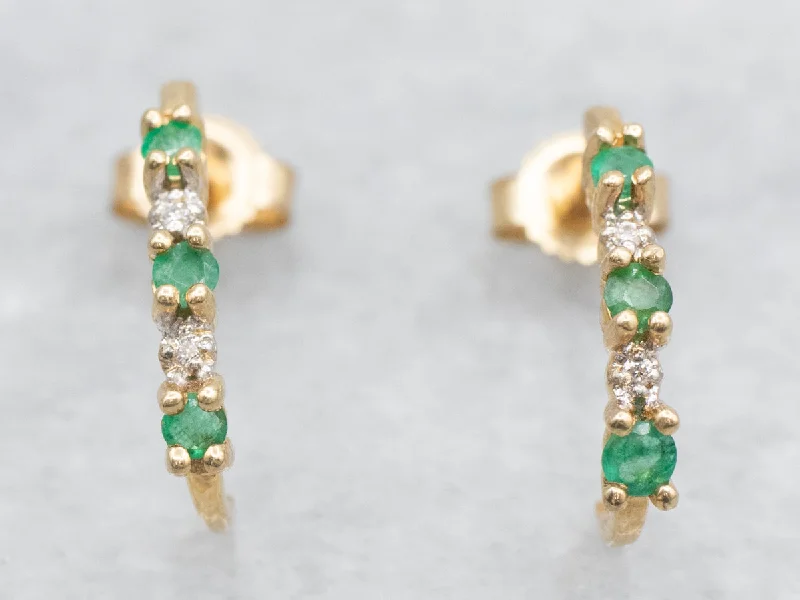 ladies earrings smooth-Emerald and Diamond J Hoop Earrings