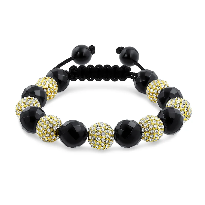 Ladies bracelets neon bright bracelets-Black Gold Tone Pave Crystal Strand Bracelet for Men with Ball Black Cord