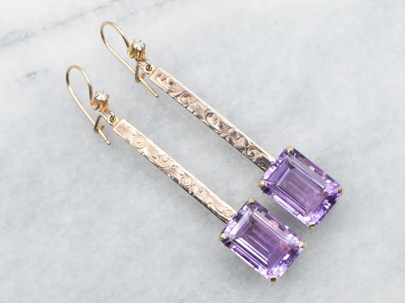 ladies earrings modern silver-Two Tone Amethyst Bar Drop Earrings with Diamond Accents