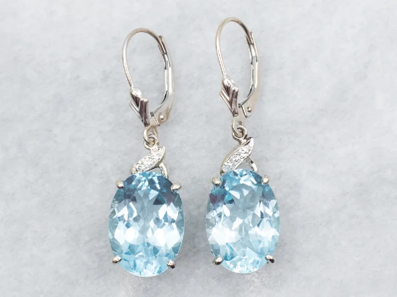 ladies earrings romantic gold-White Gold Blue Topaz and Diamond Drop Earrings