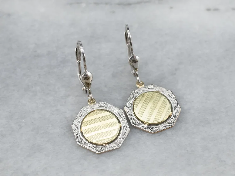 ladies earrings tropical silver-Two Tone Gold Octagon Disk Drop Earrings