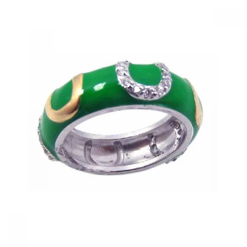 ladies ring with stones-Clearance-Silver 925 Rhodium Plated Green Enamel CZ Horse Shoe Ring - STR00455