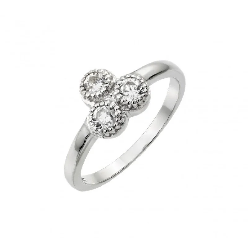 ladies ring antique style-Silver 925 Rhodium Plated Three Round Clear CZ Ring - STR01009