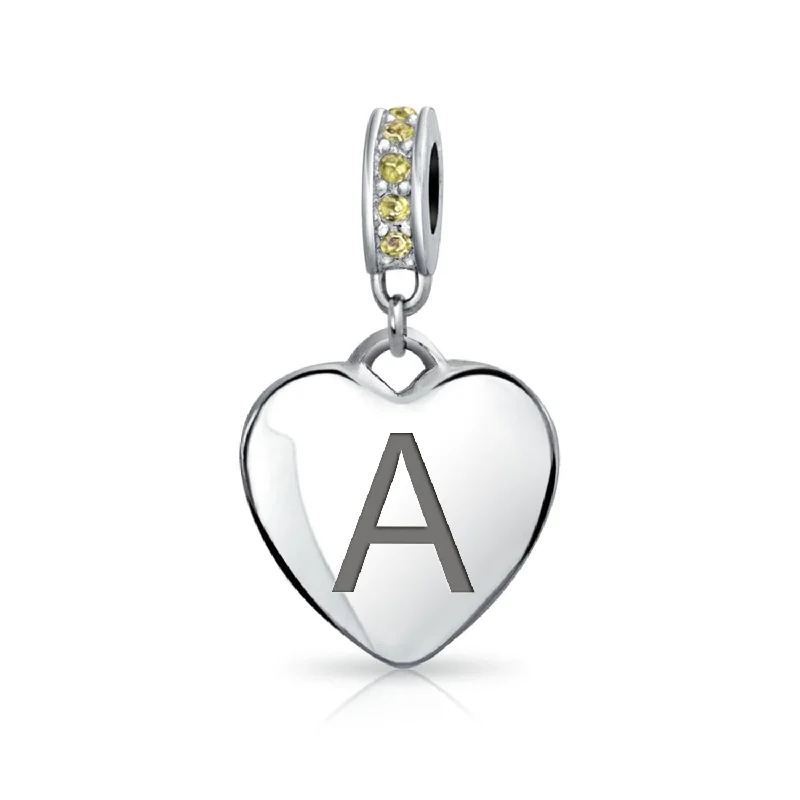 Ladies bracelets elegant timeless looks-Initial Alphabet Bead Charm Yellow Crystal Heart Dangle Sterling Silver Bracelet