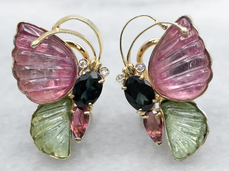 ladies earrings formal-Multi Colored Tourmaline and Diamond Butterfly Earrings