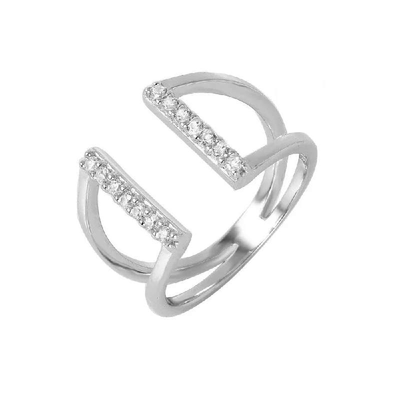 ladies ring wide band-Silver 925 Rhodium Plated huggie hoop Cuffed V-Shaped CZ Ring - GMR00044