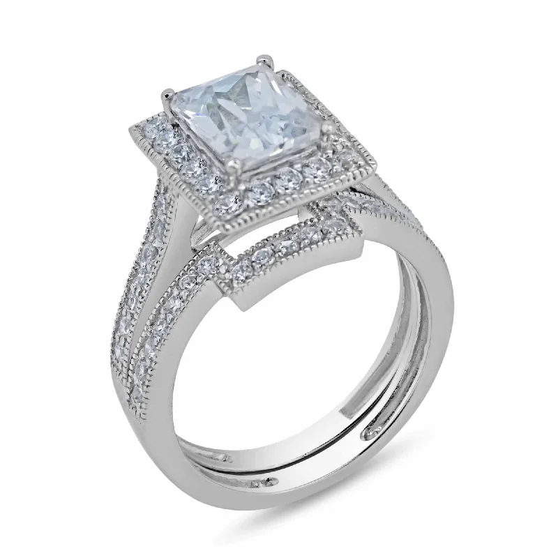 ladies ring classic-Rhodium Plated 925 Sterling Silver Clear CZ Square Bridal Ring Set - BGR00198