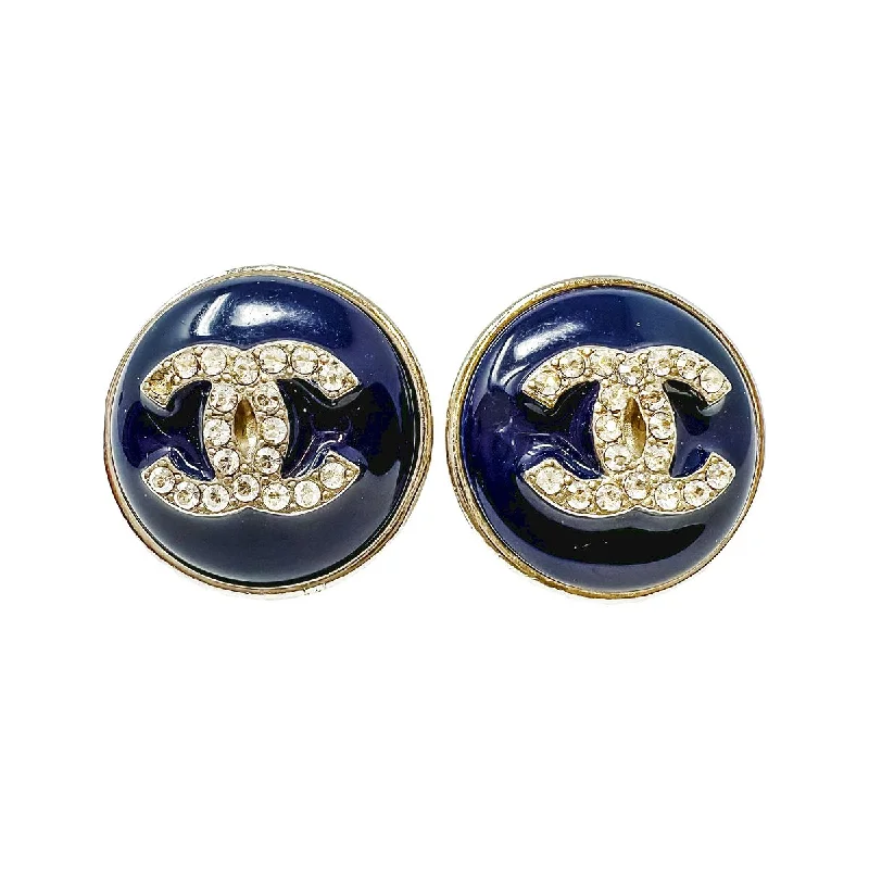 ladies earrings huggie gold-Chanel Round Enamel Stud Earrings with Interlocking CC with Crystal