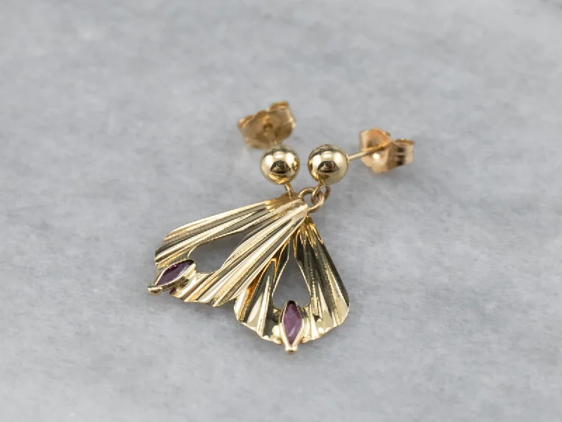 ladies earrings recycled-Ruby Gold Fan Drop Earrings