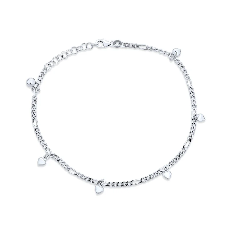 Ladies bracelets tribal pattern styles-Multi Heart Charms Anklet Ankle Bracelet Sterling Silver Figaro Chain