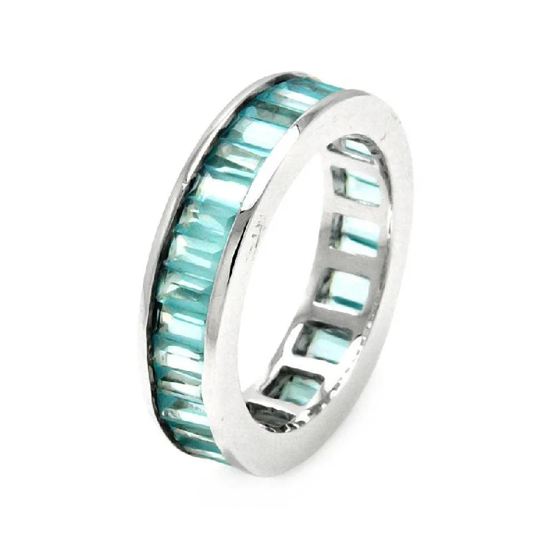 ladies ring zirconia-Silver 925 Rhodium Plated Channel Set Aqua Blue Baguette CZ Stackable Eternity Ring - STR00124BLU