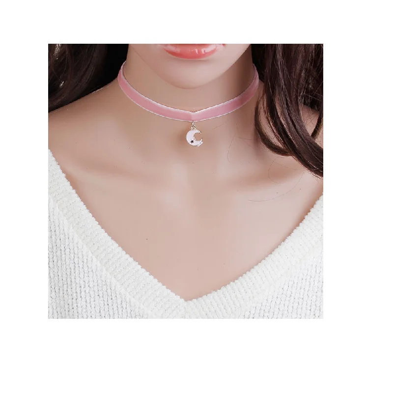 Ladies necklaces elegant gold designs-Sexy Sparkles Velvet Choker Necklace Pink Half Moon Pentagram Star for Women Girls Gothic Choker Bolo Tie