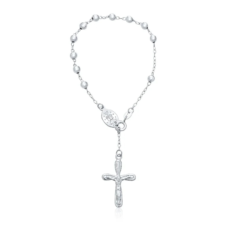 Ladies bracelets African motif styles-Religious Chain Link Bracelet Jesus Crucifix Virgin Mary Rosary Beads  Silver