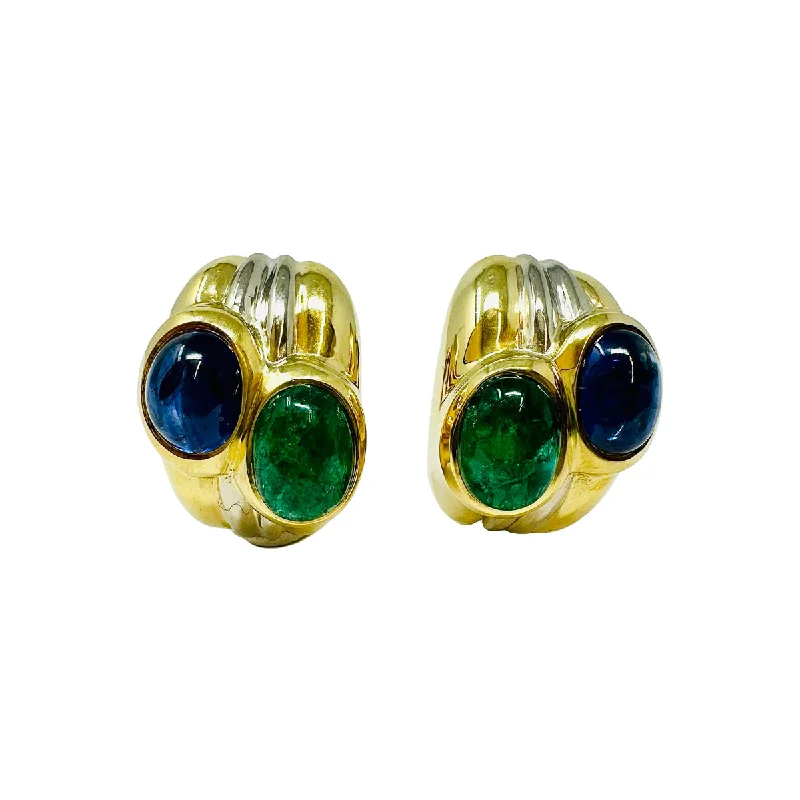 ladies earrings magnetic-Giovane 18K Yellow and White Gold Ribbed Earrings with Emerald and Sapphire