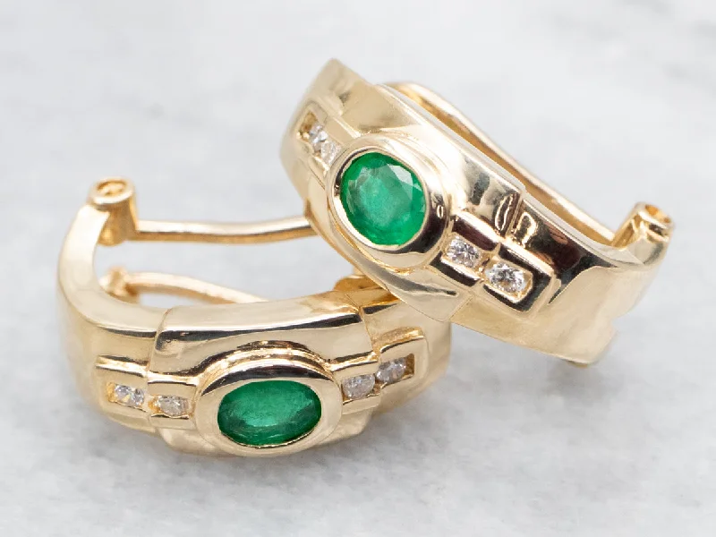 ladies earrings slim gold-Modern Emerald and Diamond Half Hoop Earrings