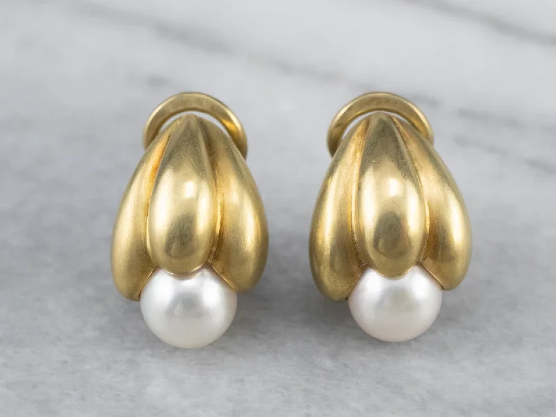 ladies earrings statement-Botanical Brushed Gold Pearl Drop Earrings