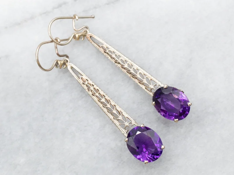 ladies earrings threader-Long Amethyst and Diamond Drop Earrings