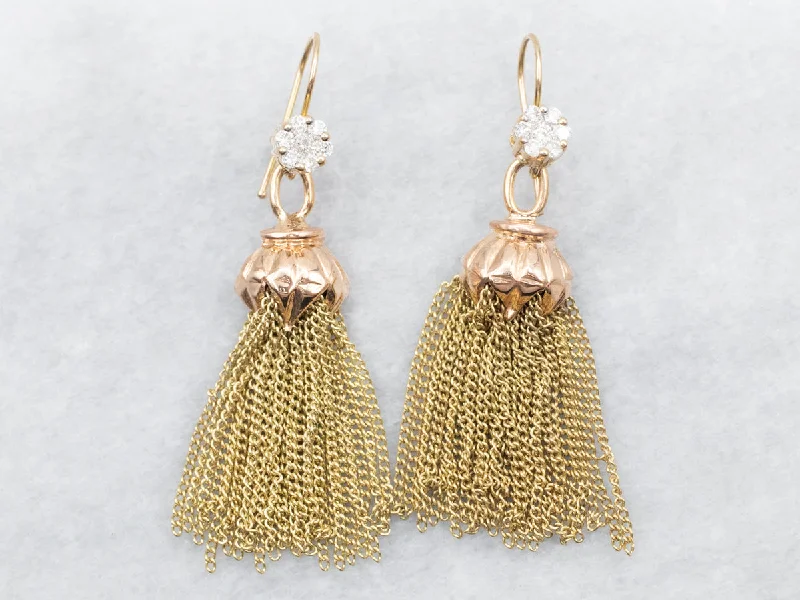 ladies earrings christmas gold-Two Tone Tassel Dangle Drop Earrings with Diamond Cluster Accent