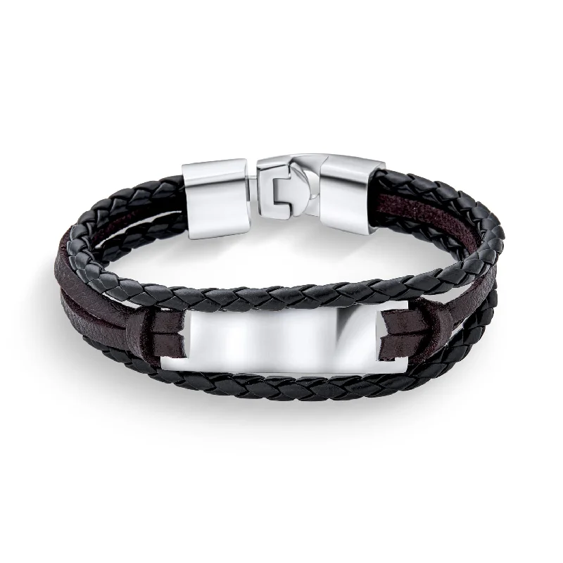 Ladies bracelets rigid frame designs-Unisex Black Rope Cord Brown Leather ID Bracelet for Men Silver Tone Stainless Steel