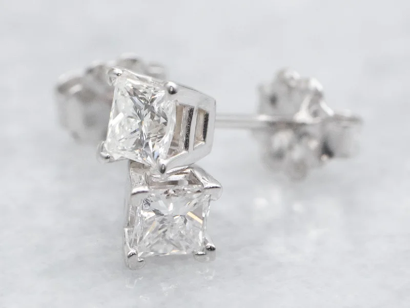 ladies earrings feather silver-Princess Cut Diamond Stud Earrings