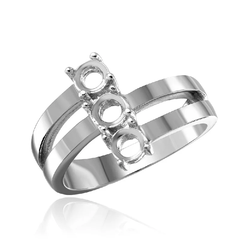 ladies ring minimalist-Silver 925 Rhodium Plated Open Shank 3 Stone Mounting Ring - BGR00475