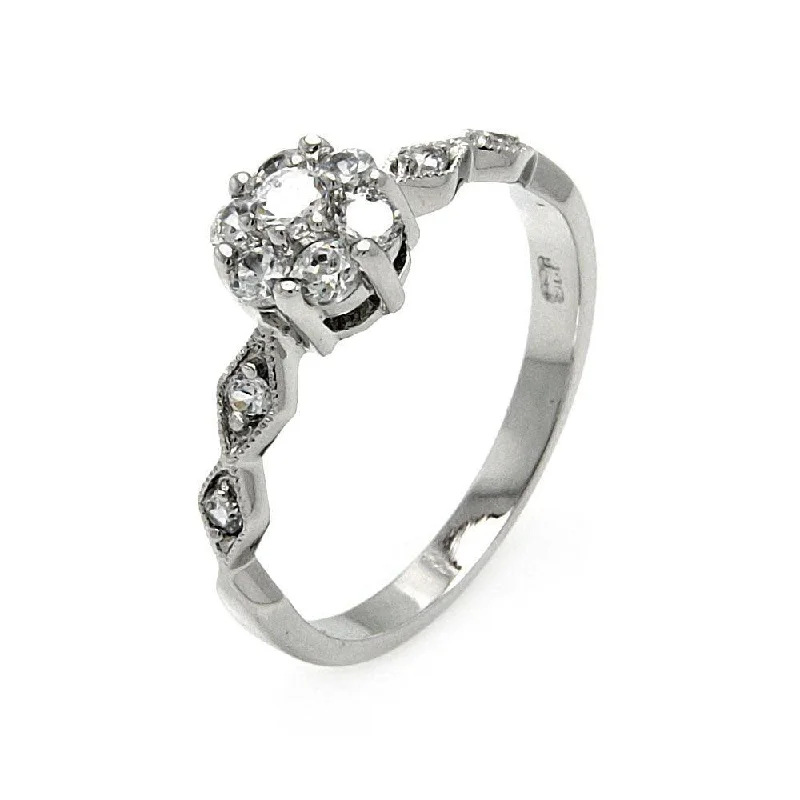 ladies ring nickel free-Silver 925 Rhodium Plated Diamond Shaped Sides Clear CZ Flower Ring - BGR00511