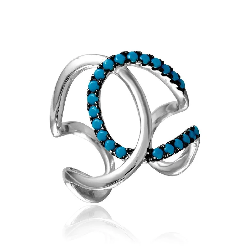 ladies ring nature gold-Rhodium Plated 925 Sterling Silver Open Ended Interlock Ring with Turquoise Stones - BGR01099