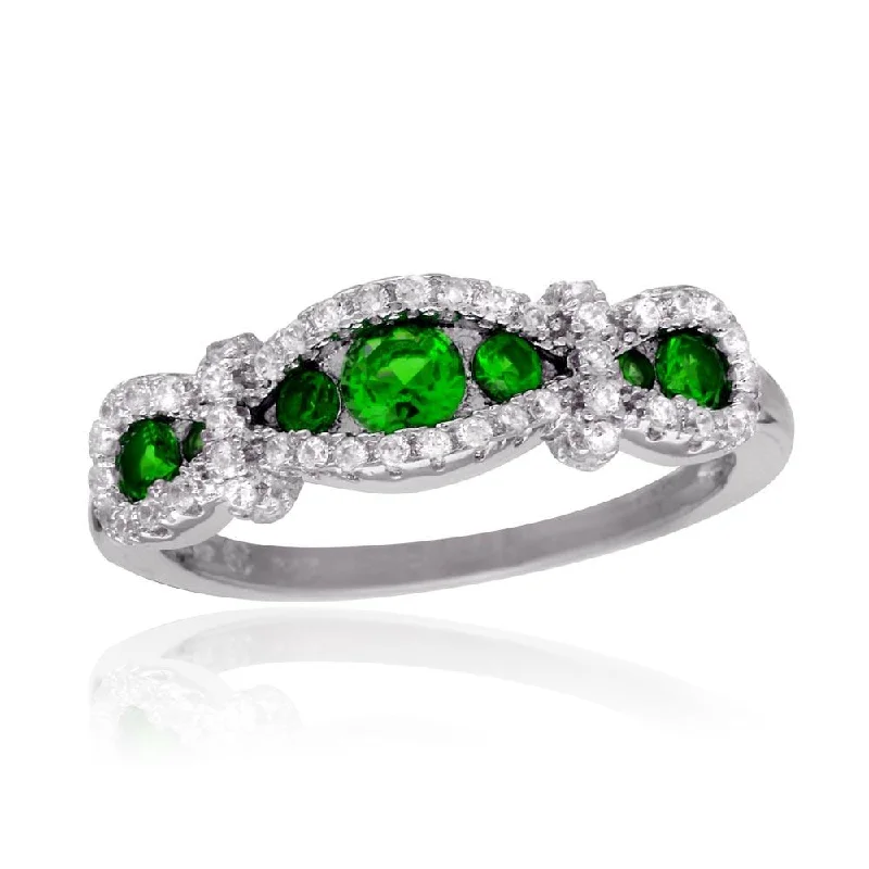 ladies ring minimalist silver-Rhodium Plated 925 Sterling Silver Knotted Green CZ Ring - BGR01112GRN