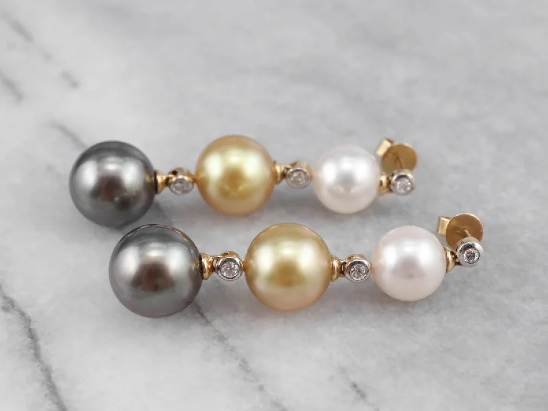 ladies earrings small batch-Long Multi Color Pearl and Diamond Drop Earrings