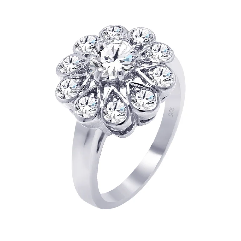 ladies ring sale-Silver 925 Rhodium Plated Round Center CZ Flower Ring - BGR00265