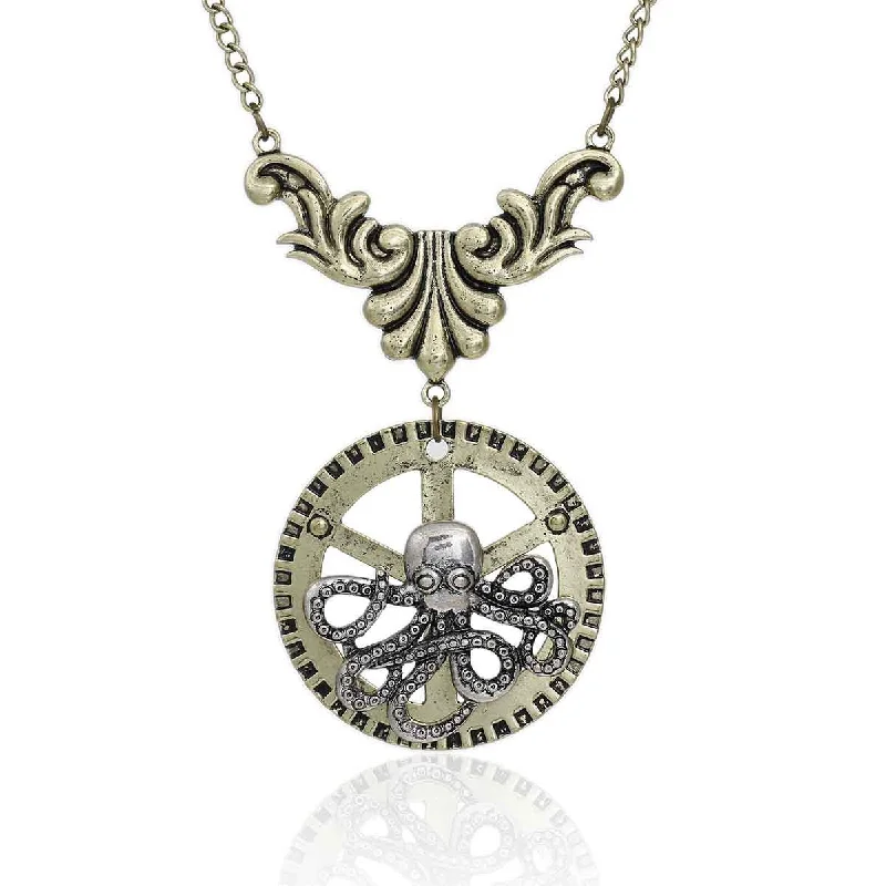 Ladies necklaces famous designer labels-SEXY SPARKLES Steampunk Necklace Link Curb Chain Antique Bronze Gear Octopus