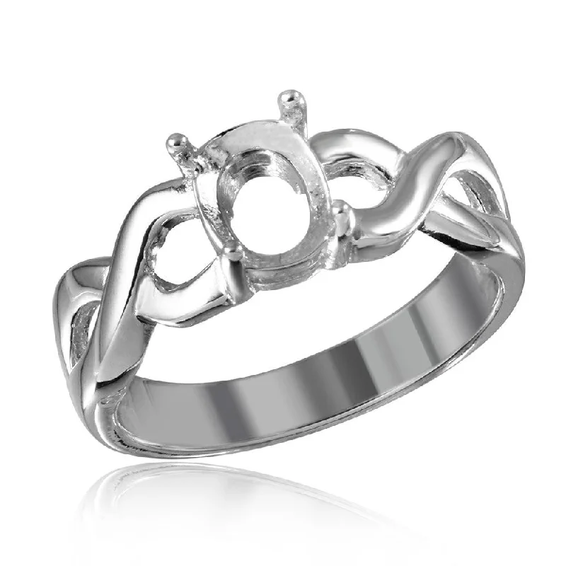 ladies ring exclusive-Silver 925 Rhodium Plated Open Overlap Shank Oval Stone Mounting Ring - BGR01195