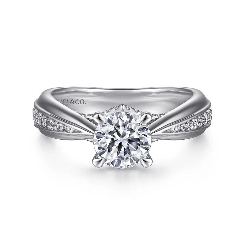 ladies engagement ring embossed-Raiza - 14K White Gold Wide Band Round Diamond Engagement Ring (Setting Only)