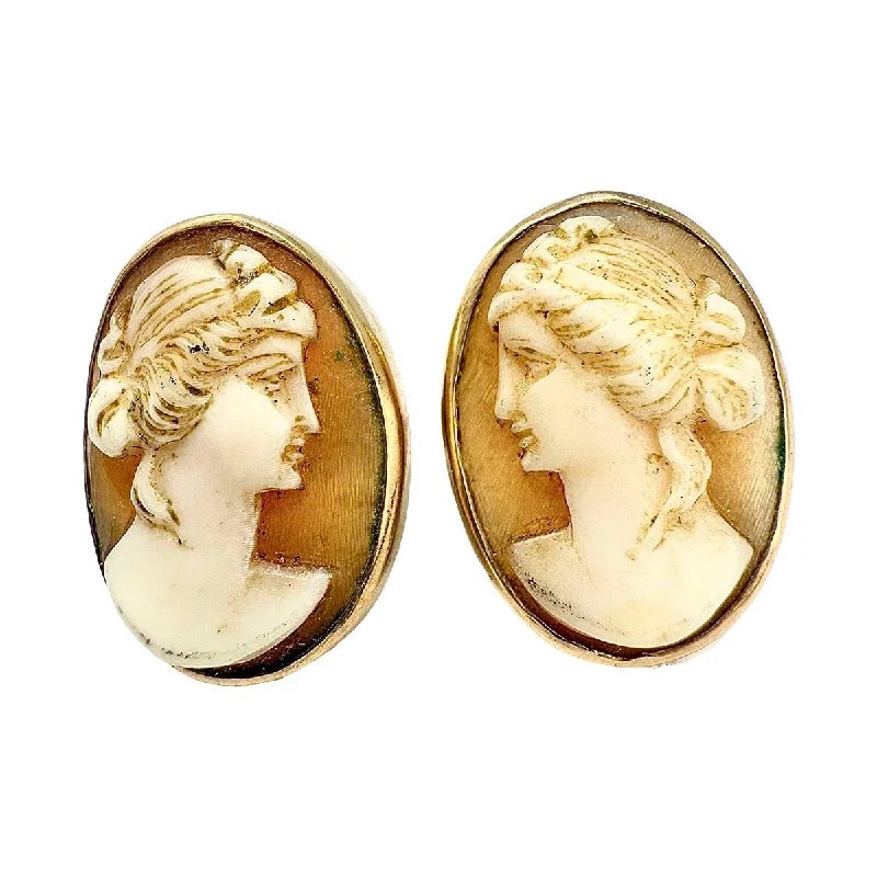 ladies earrings 1920s style-14K Gold Oval Cameo Earrings