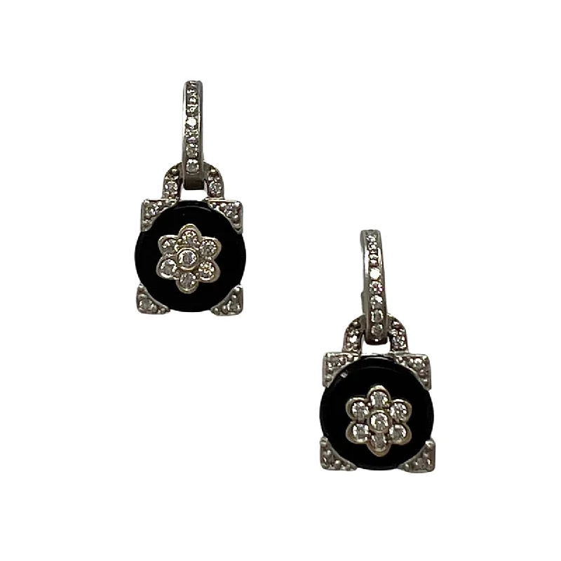 ladies earrings rose quartz-18K White Gold Onyx and Diamond Drop Earrings