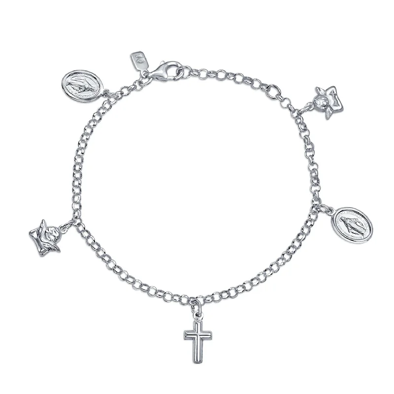 Ladies bracelets birth month designs-Virgin Mary Cross Dangle Religious Charm Bracelet .925 Sterling Silver