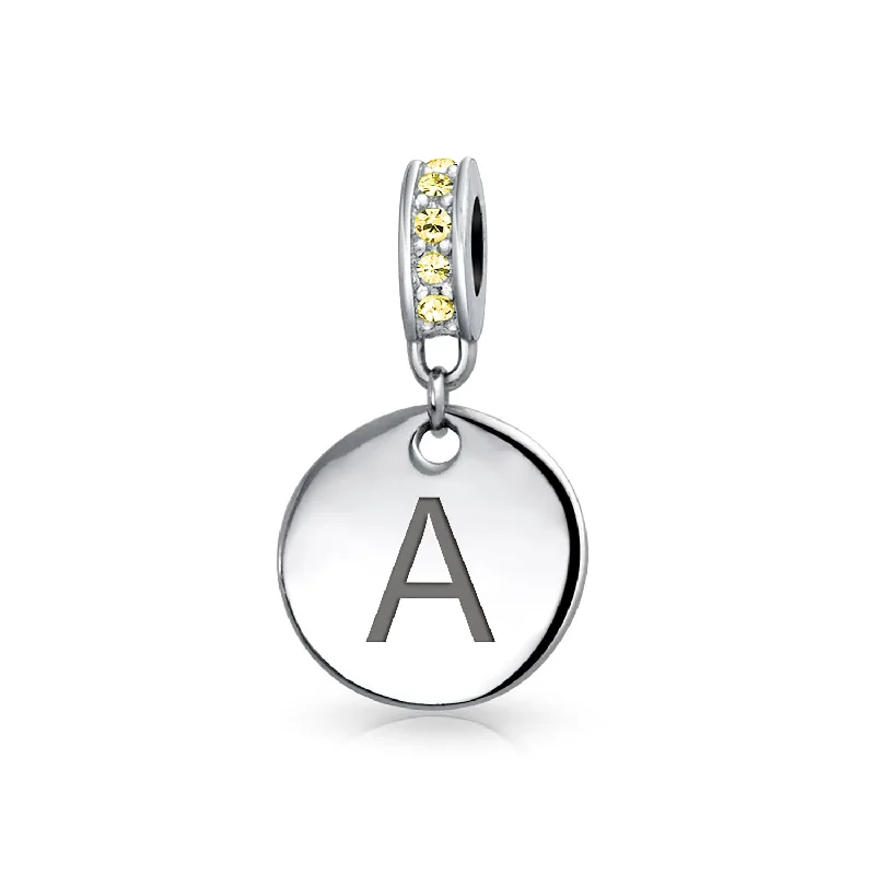 Ladies bracelets modern sleek appeal-Initial Alphabet Bead Charm Yellow Crystal Accent Dangle for European Bracelet