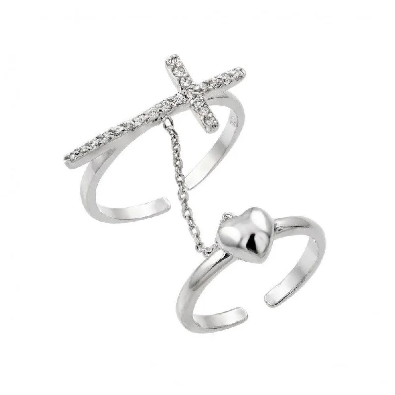 ladies ring everyday silver-Silver 925 Rhodium Plated Clear CZ Cross Heart Knuckle Slave Ring - BGR00885